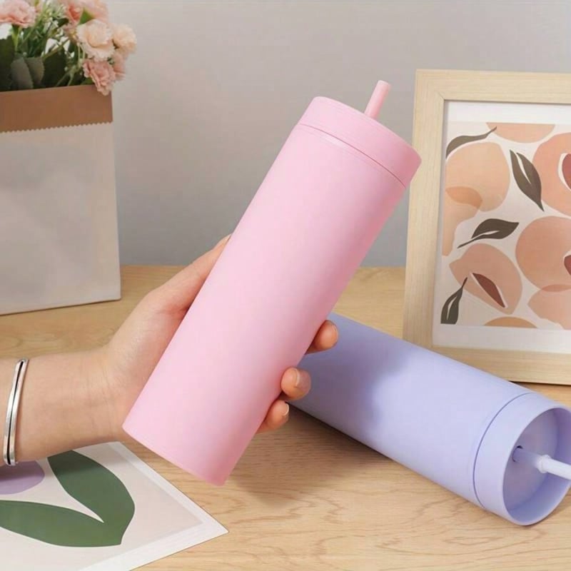 Határokon átnyúló 470 ml-es, kétrétegű műanyag pohár, szűrőszívószál, esésálló, magas víztartalmú pohár, nagy kapacitású, egyenes csövű hideg italos pohár