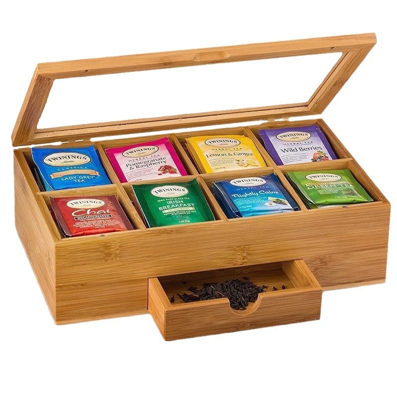 Дървена кутия за подарък за чай с капак, домакинска настолна кутия за съхранение на пакетчета чай, кутия за съхранение на различни видове, кутия за органайзер, чекмедже, тип опаковка