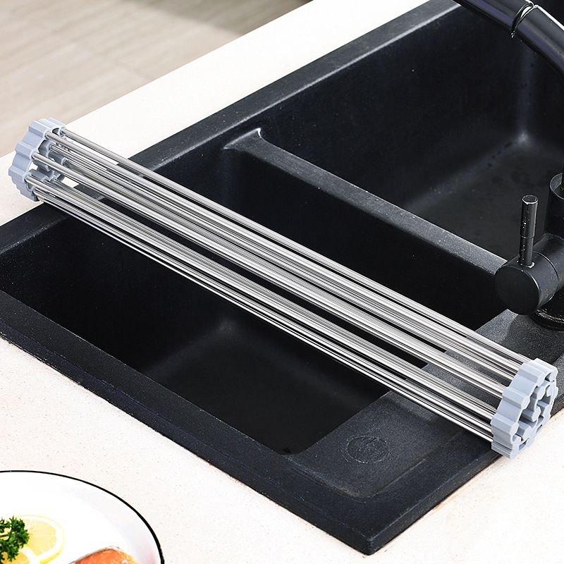 Сгъваема стойка за оттичане от неръждаема стомана Amazon, стойка за кухненски съдове, стойка за съхранение на мивка за зеленчуци