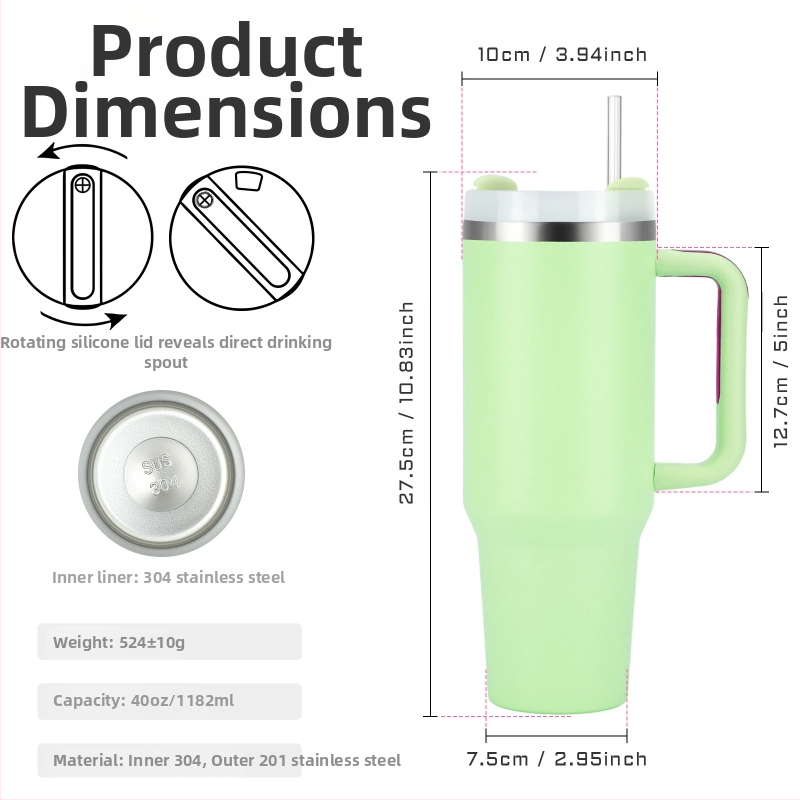 SX трансгранична чаша за кола с голям капацитет от 40 унции, дръжка, 304 неръждаема стомана, сламка за лед, преносима термо чаша за кола