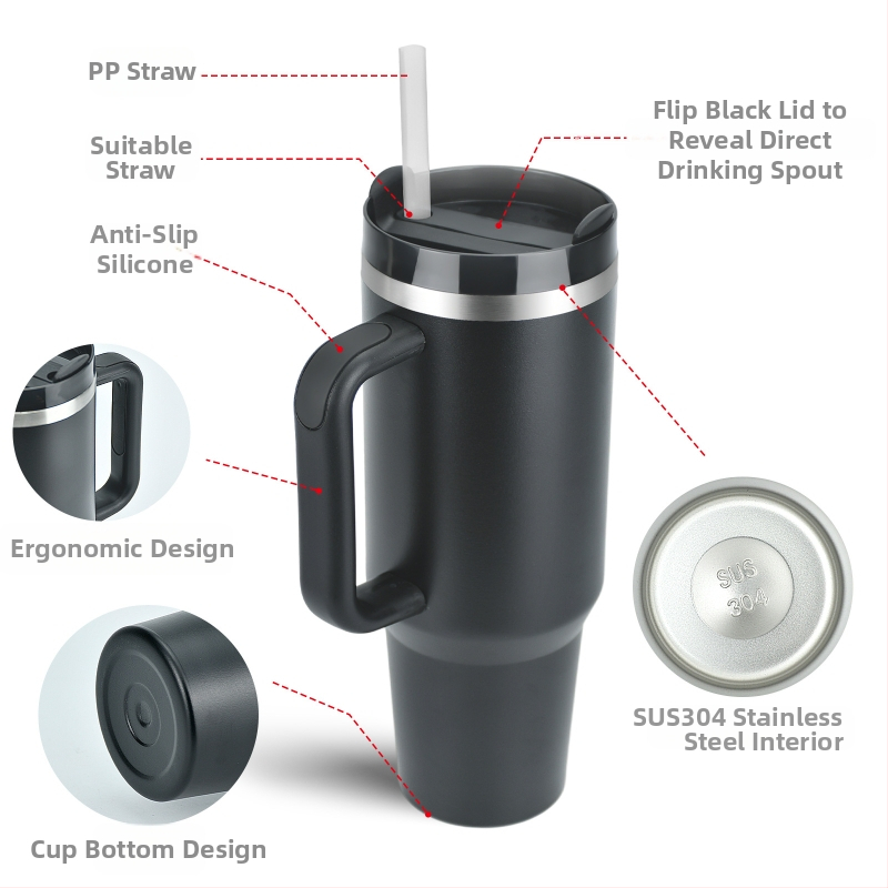 SX трансгранична чаша за кола с голям капацитет от 40 унции, дръжка, 304 неръждаема стомана, сламка за лед, преносима термо чаша за кола