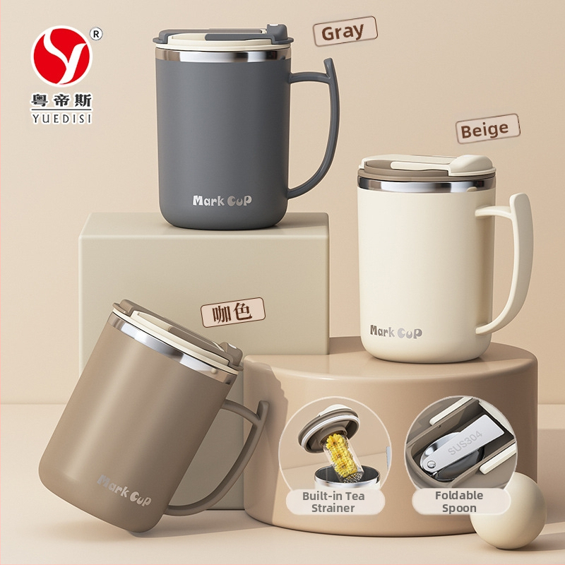 Gyárilag közvetlen szállítású, magas színű, 304 rozsdamentes acélból készült kávésbögre, tealefolyóval és fedéllel ellátott irodai bögregenerációval