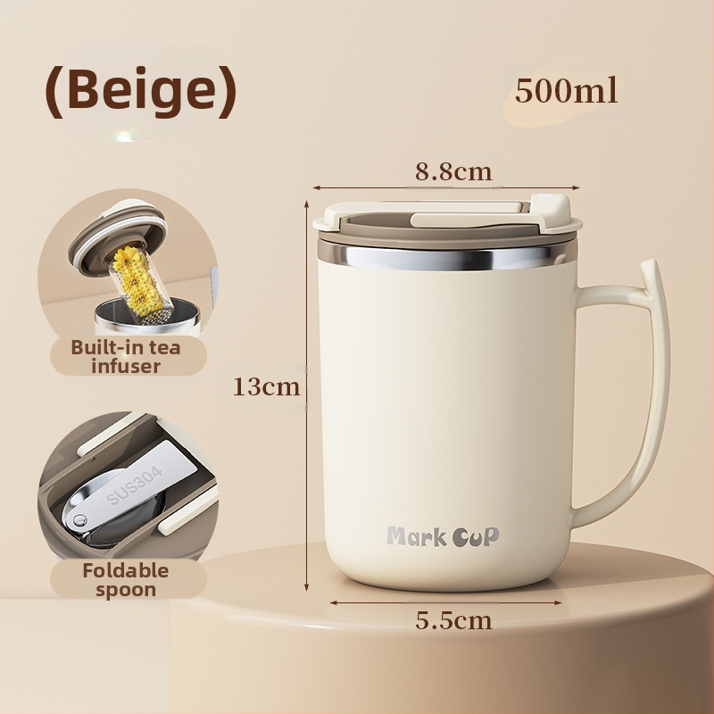 Gyárilag közvetlen szállítású, magas színű, 304 rozsdamentes acélból készült kávésbögre, tealefolyóval és fedéllel ellátott irodai bögregenerációval