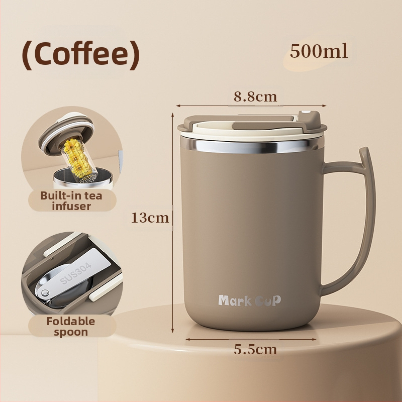 Gyárilag közvetlen szállítású, magas színű, 304 rozsdamentes acélból készült kávésbögre, tealefolyóval és fedéllel ellátott irodai bögregenerációval