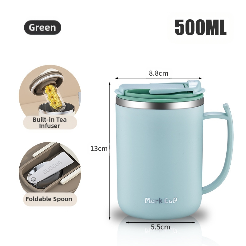 Gyárilag közvetlen szállítású, magas színű, 304 rozsdamentes acélból készült kávésbögre, tealefolyóval és fedéllel ellátott irodai bögregenerációval