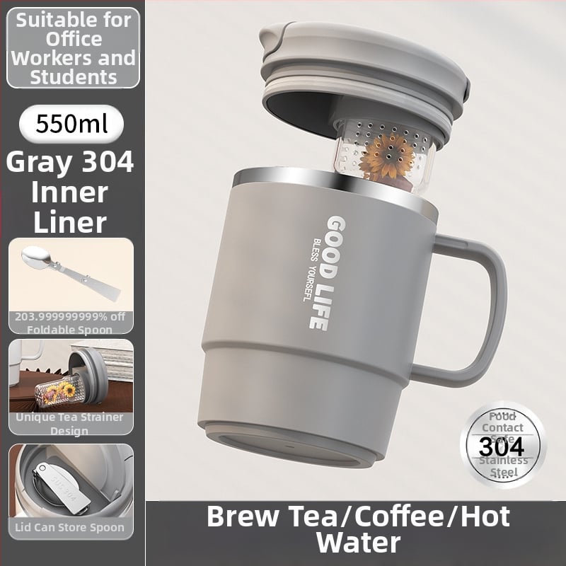 Gyárilag közvetlen szállítású, magas színű, 304 rozsdamentes acélból készült kávésbögre, tealefolyóval és fedéllel ellátott irodai bögregenerációval