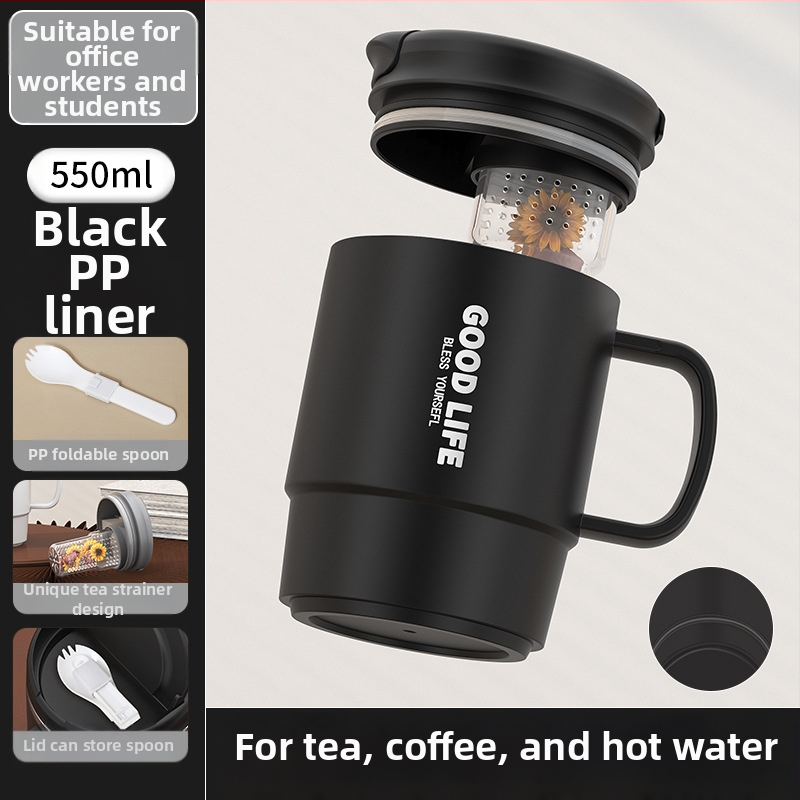 Gyárilag közvetlen szállítású, magas színű, 304 rozsdamentes acélból készült kávésbögre, tealefolyóval és fedéllel ellátott irodai bögregenerációval