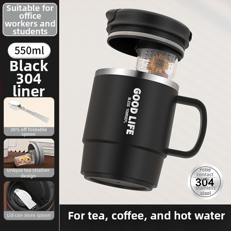 Gyárilag közvetlen szállítású, magas színű, 304 rozsdamentes acélból készült kávésbögre, tealefolyóval és fedéllel ellátott irodai bögregenerációval