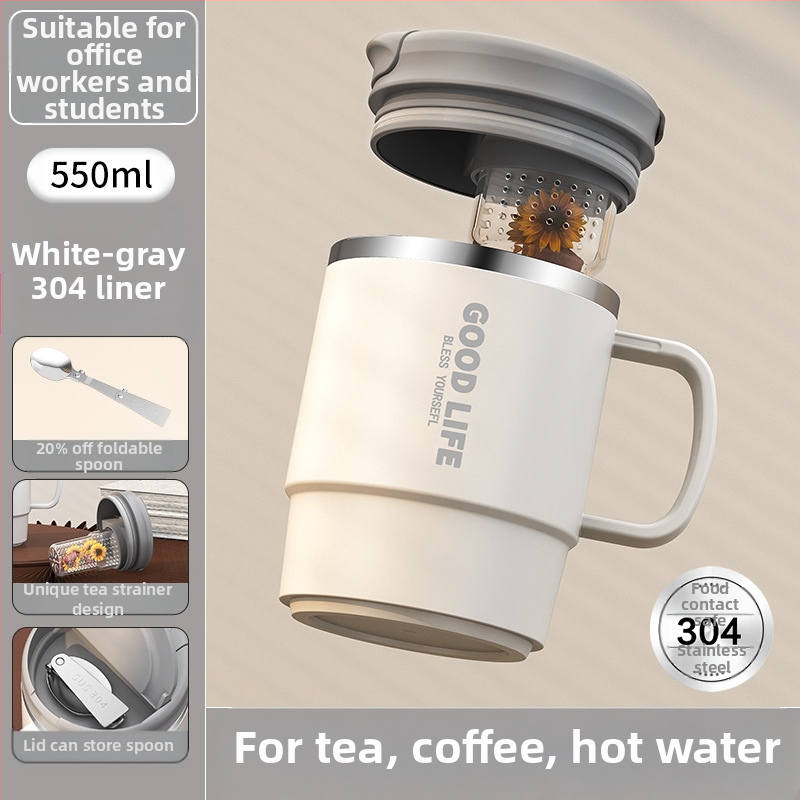 Gyárilag közvetlen szállítású, magas színű, 304 rozsdamentes acélból készült kávésbögre, tealefolyóval és fedéllel ellátott irodai bögregenerációval