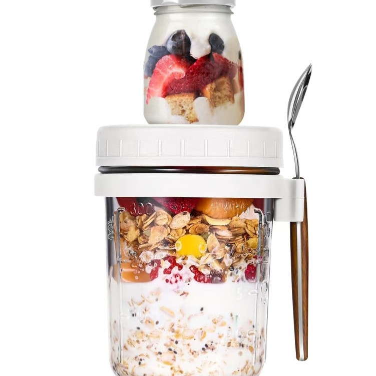 Éjszakai zabpelyhes pohár, hordozható joghurtos reggelizőpohár, nagy szépségértékű függőkanál, üveg masonpohár, zabpelyhes tejes salátapohár