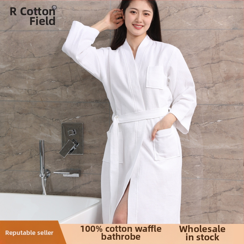 Grynos medvilnės viešbučio chalatas, didmeninė prekyba plonu vafliniu medvilniniu chalatu, grožio salono nakvynės ir pusryčių absorbuojantis greitai džiūstantis chalatas moterims