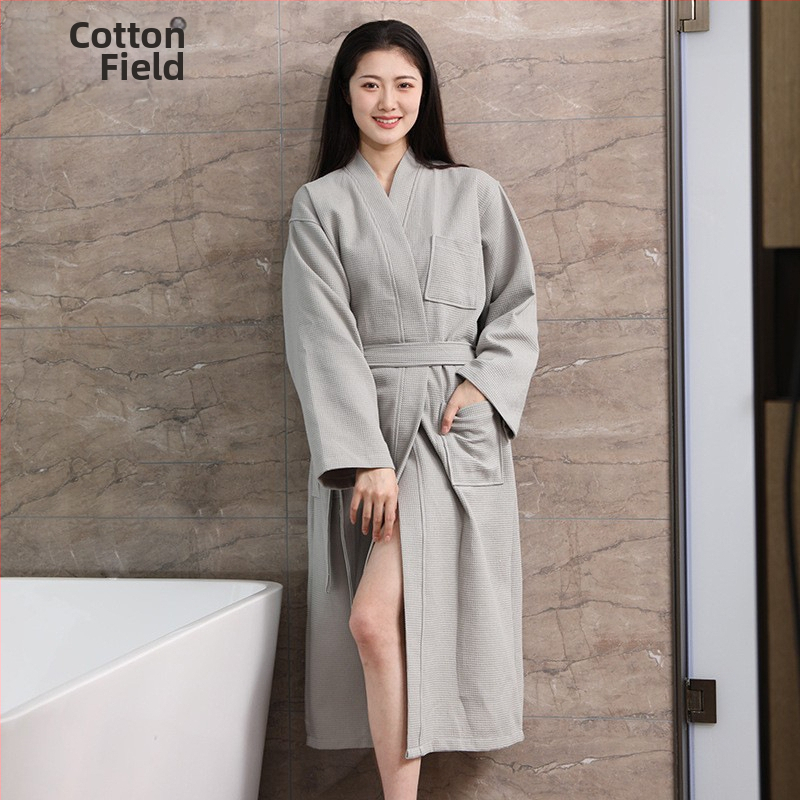Чист памучен хотелски халат на едро, тънък памучен вафлен халат, салон за красота B & B абсорбиращ бързосъхнещ халат за жени