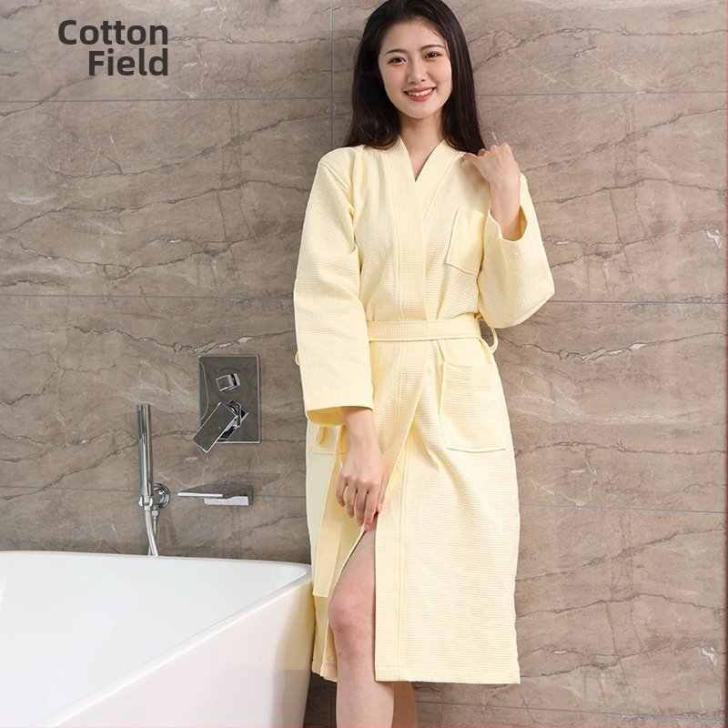 Чист памучен хотелски халат на едро, тънък памучен вафлен халат, салон за красота B & B абсорбиращ бързосъхнещ халат за жени