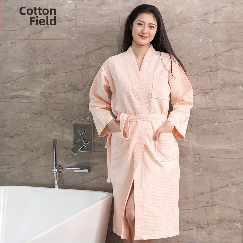 Чист памучен хотелски халат на едро, тънък памучен вафлен халат, салон за красота B & B абсорбиращ бързосъхнещ халат за жени