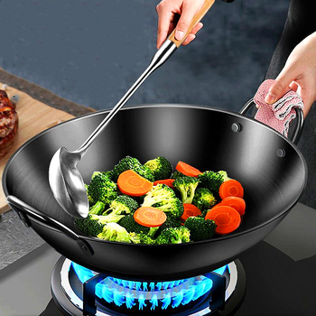 Roostevabast terasest kahe kõrvaga wok-pann, ühe käepidemega, suur ümara põhjaga wok-pann, majapidamiswok-pann, spetsiaalne gaasipliidile