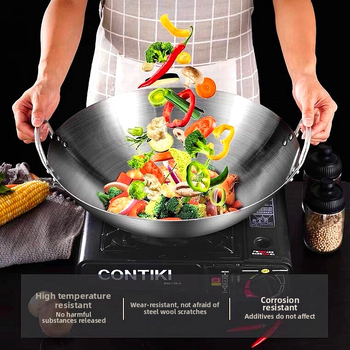 Roostevabast terasest kahe kõrvaga wok-pann, ühe käepidemega, suur ümara põhjaga wok-pann, majapidamiswok-pann, spetsiaalne gaasipliidile