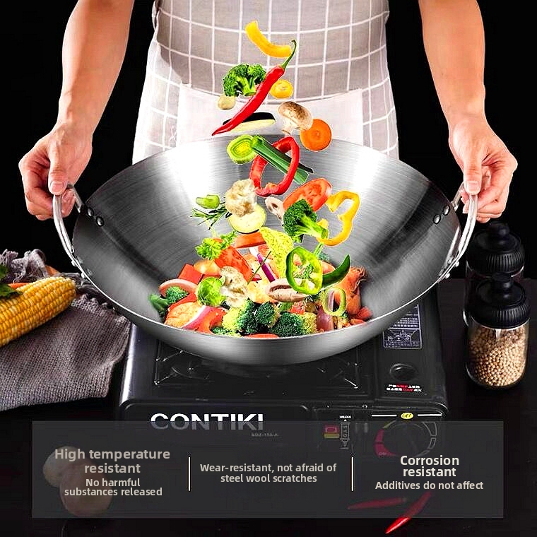Неръждаема стомана Wok с двойно ухо, търговски, с една дръжка, голям тиган за готвач с кръгло дъно, незалепващ тиган, домакински Wok, специален за газова печка