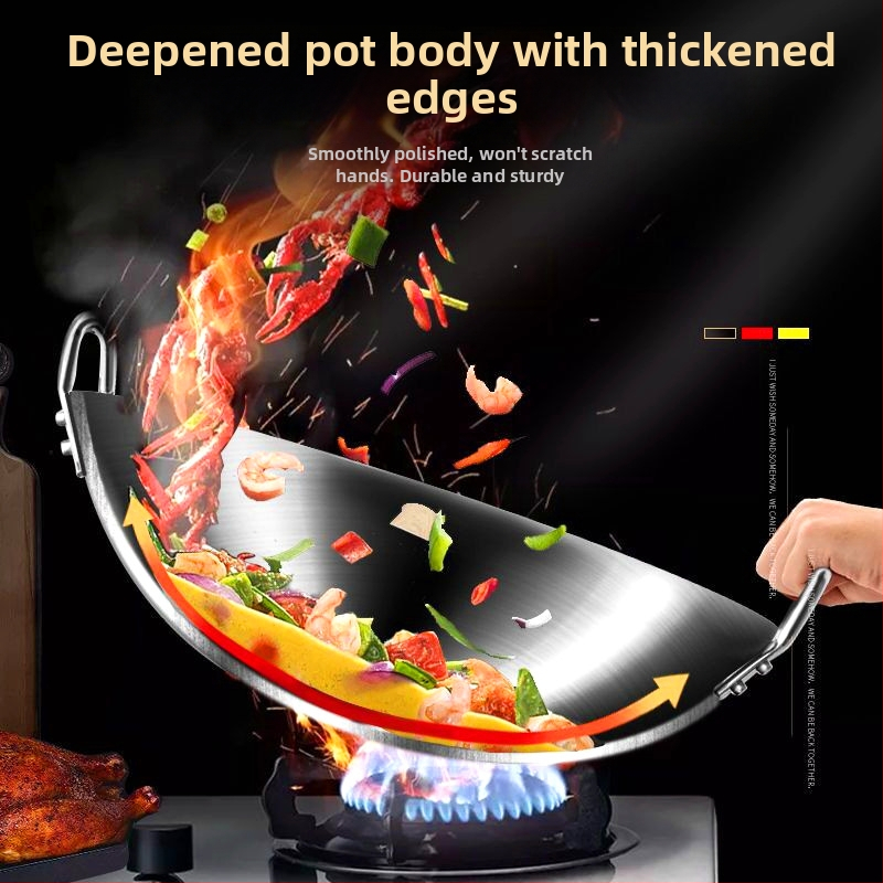 Неръждаема стомана Wok с двойно ухо, търговски, с една дръжка, голям тиган за готвач с кръгло дъно, незалепващ тиган, домакински Wok, специален за газова печка