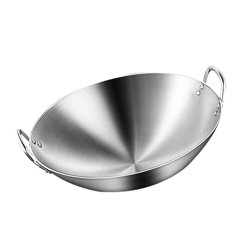 Roostevabast terasest kahe kõrvaga wok-pann, ühe käepidemega, suur ümara põhjaga wok-pann, majapidamiswok-pann, spetsiaalne gaasipliidile