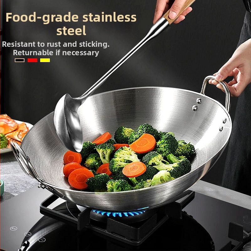 Roostevabast terasest kahe kõrvaga wok-pann, ühe käepidemega, suur ümara põhjaga wok-pann, majapidamiswok-pann, spetsiaalne gaasipliidile