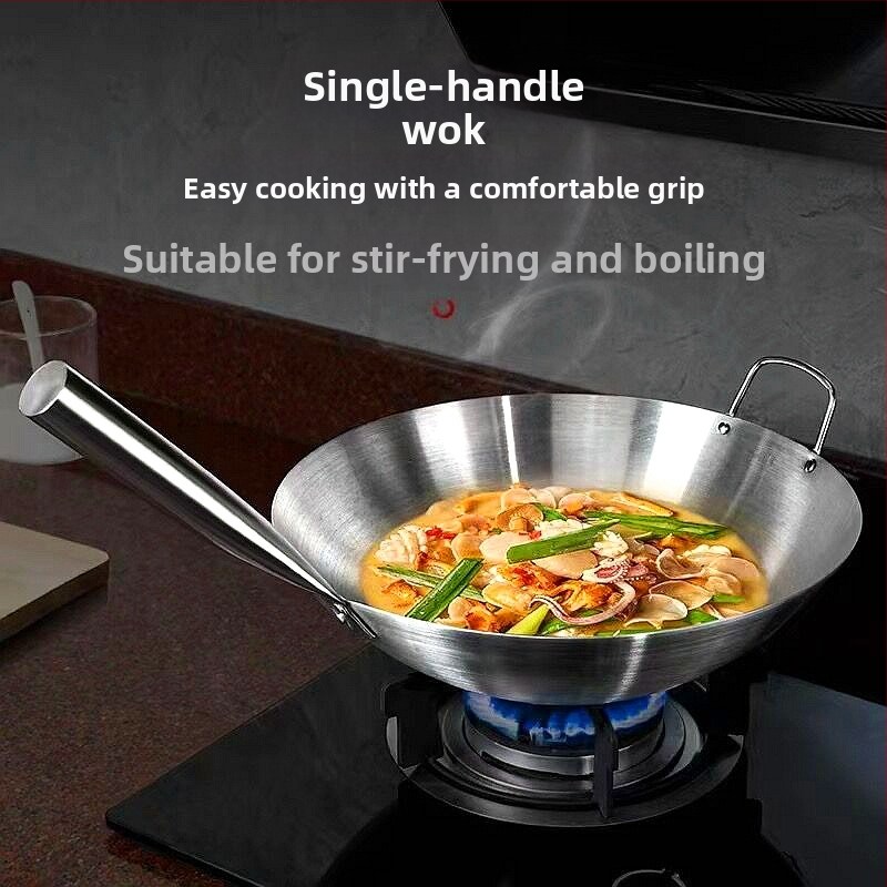 Roostevabast terasest kahe kõrvaga wok-pann, ühe käepidemega, suur ümara põhjaga wok-pann, majapidamiswok-pann, spetsiaalne gaasipliidile