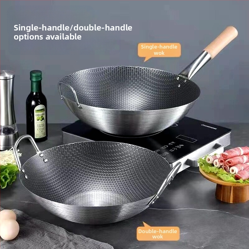 Roostevabast terasest kahe kõrvaga wok-pann, ühe käepidemega, suur ümara põhjaga wok-pann, majapidamiswok-pann, spetsiaalne gaasipliidile