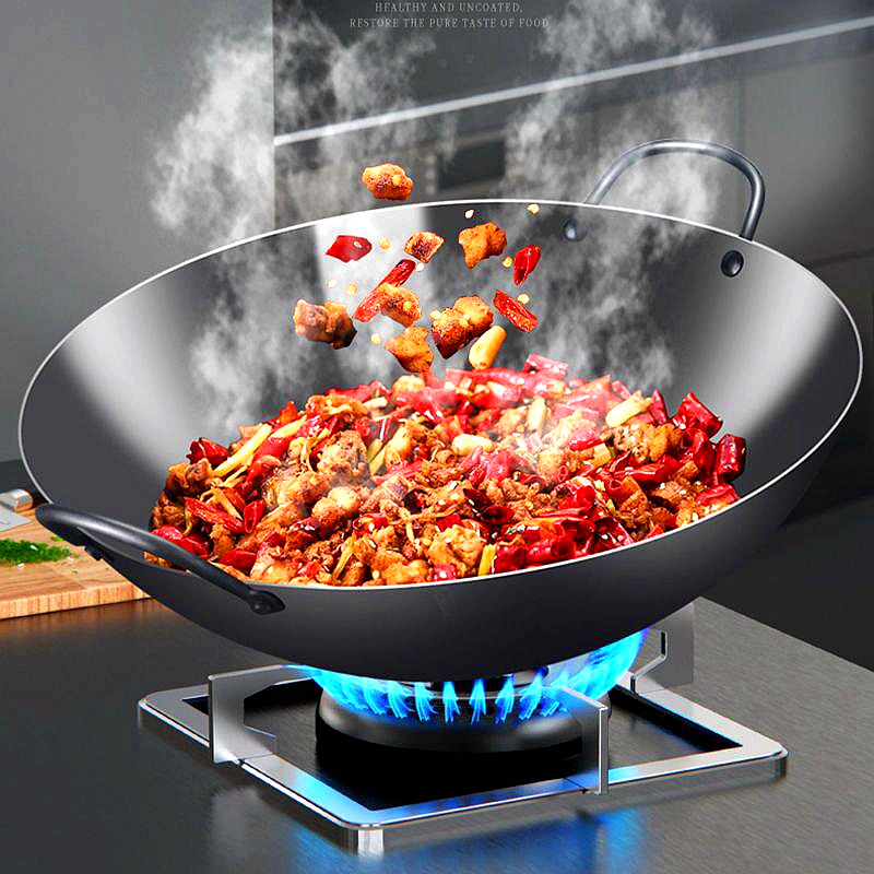 Roostevabast terasest kahe kõrvaga wok-pann, ühe käepidemega, suur ümara põhjaga wok-pann, majapidamiswok-pann, spetsiaalne gaasipliidile