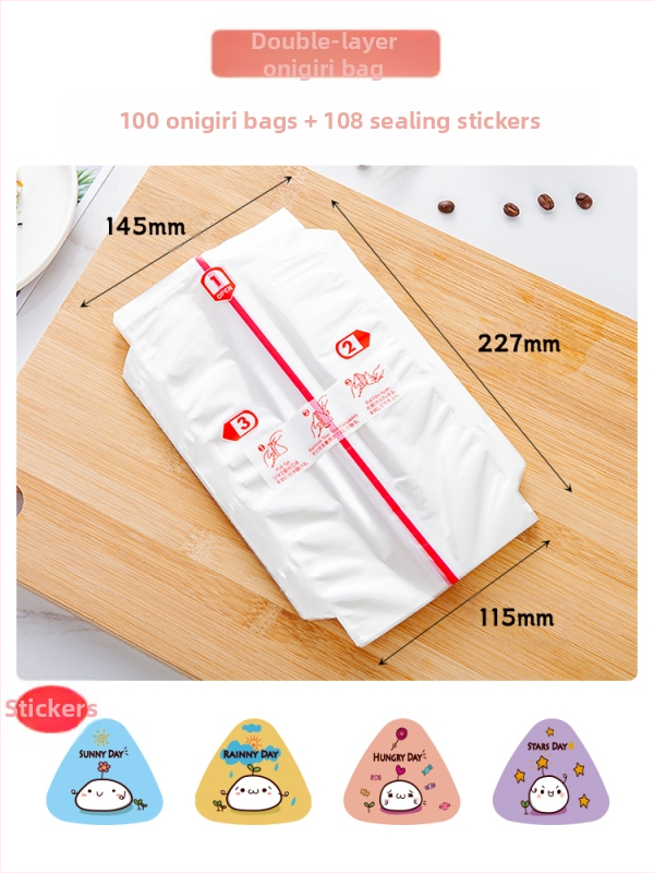 Dvisluoksnis trikampis ryžių kamuoliukų pakavimo maišelis, pusiau supjaustyti jūros dumbliai, rankomis susukta suši pakuotė, lengvai plyštanti ir nerasojanti, japoniško stiliaus jūros dumbliais apvyniota akmens masė