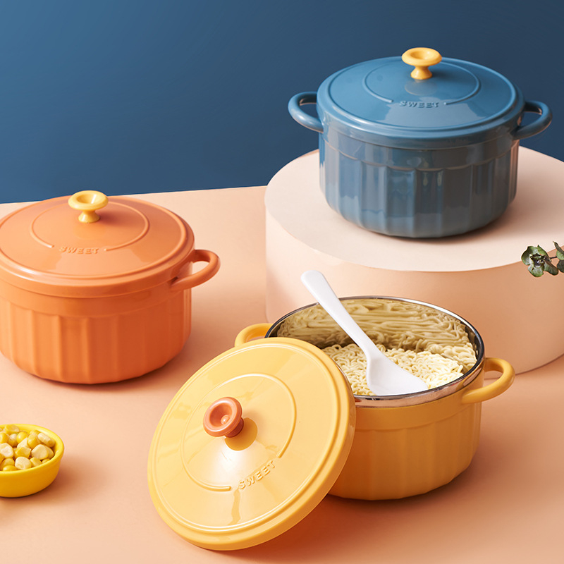 Roostevabast terasest kiirnuudlikauss kaanega, kahekordsete kõrvadega, üliõpilaste lõunasöögikarp, ühiselamu suur isoleeritud kiirtoidutops, kahekihiline kaasaskantav lõunasöögikarp