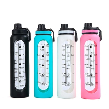 Φορητό μπουκάλι νερού μονής στρώσης από γυαλί με διασυνοριακό καπάκι και δημιουργική θήκη σιλικόνης, αθλητικό μπουκάλι νερού 1L μεγάλης χωρητικότητας