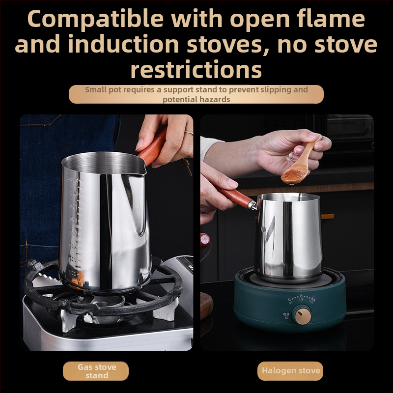 Малка тенджера за мляко с мащаб 304 с дървена дръжка, малка тенджера, хранителен клас, голям капацитет, тенджера за олио, задълбочаваща се, специална тенджера за мляко, изтичане на масло