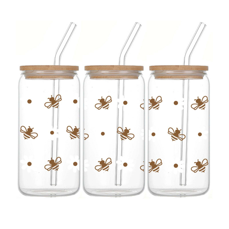 Pārrobežu jauna, radoša salmu kolas krūze ar bambusa vāku, Bee Daisy sērija, 16oz populāra stikla krūze ar augstu borosilikāta saturu