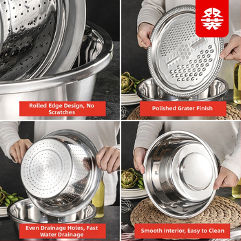 Tiesiogiai iš gamyklos tiekiamas nerūdijančio plieno daugiafunkcis trijų dalių ryžių tarkų rinkinys „Amoy“ ryžių sietas, virtuvės kriauklė ir praustuvas.