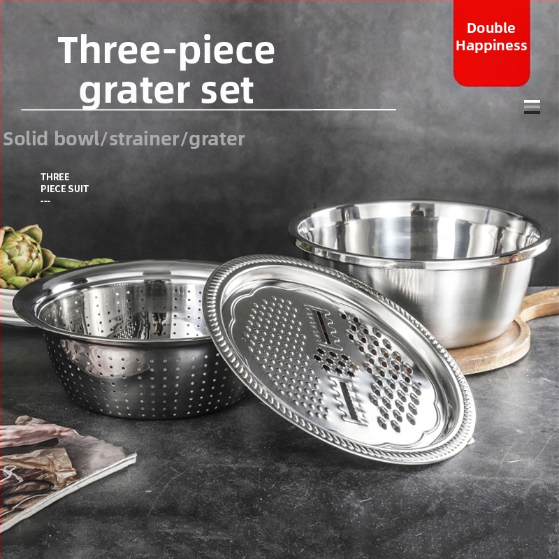 Tiesiogiai iš gamyklos tiekiamas nerūdijančio plieno daugiafunkcis trijų dalių ryžių tarkų rinkinys „Amoy“ ryžių sietas, virtuvės kriauklė ir praustuvas.