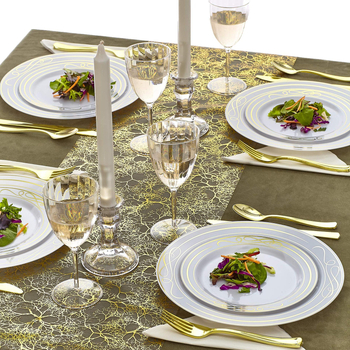 Naujas organzos šakelės rašto bronzinis stalo takelis, aukso sidabro spalvos, vintažinis stalo takelis, vakarienės stalo dekoracija