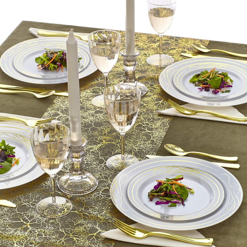 Naujas organzos šakelės rašto bronzinis stalo takelis, aukso sidabro spalvos, vintažinis stalo takelis, vakarienės stalo dekoracija