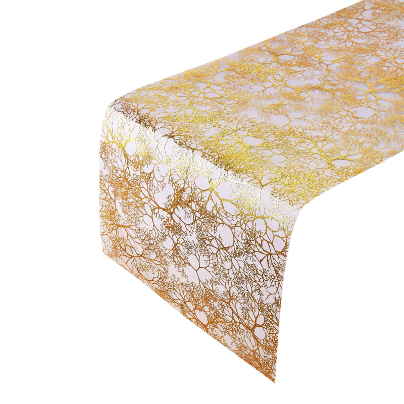 Naujas organzos šakelės rašto bronzinis stalo takelis, aukso sidabro spalvos, vintažinis stalo takelis, vakarienės stalo dekoracija