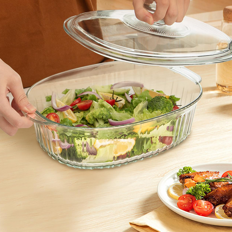 Magas boroszilikát üveg ovális átlátszó függőleges mintázatú gyöngy pamut csomagolás fedéllel kristály edény háztartási konyhai kellékek leveses edény