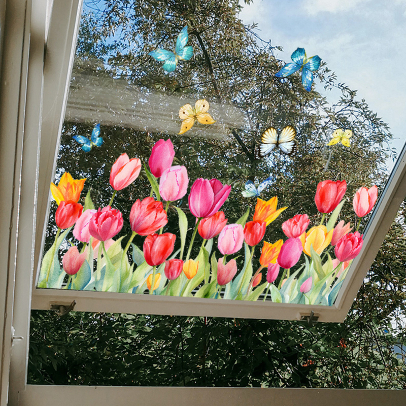 DJ7035 värsked lihtsad värvilised tulbilille-liblika aknakleebised elektrostaatilised kleebised kahepoolsed visuaalsed klaasist kleebised