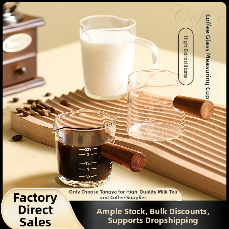 Kohviekstrakti tass skaalaga, puidust käepidemega, mõõtekork, espresso untsi tass, väike piimatass, peen ja tipptasemel