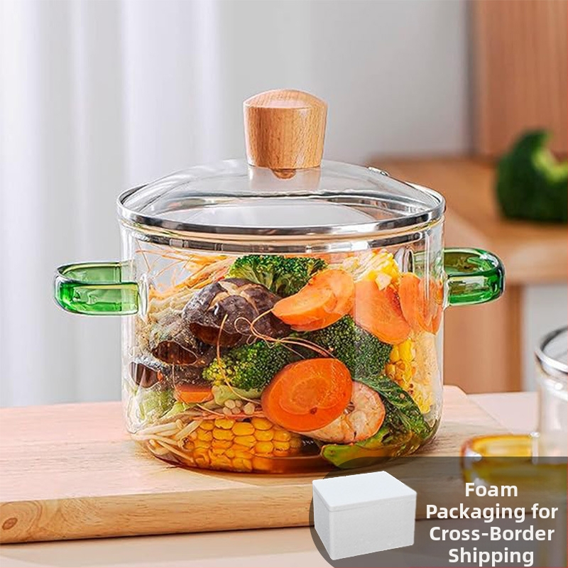 Nagy kapacitású konyhai kellékek leveses üvegfazék kicsi fogantyúval zöld fogantyú üvegfazék magas hőmérsékletnek ellenálló nyílt láng univerzális