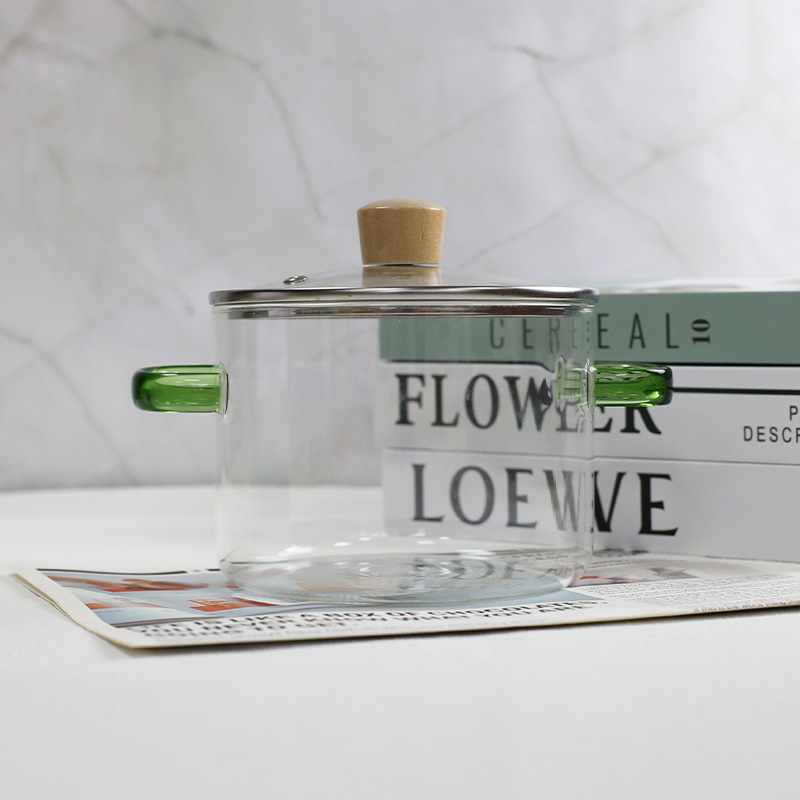 Nagy kapacitású konyhai kellékek leveses üvegfazék kicsi fogantyúval zöld fogantyú üvegfazék magas hőmérsékletnek ellenálló nyílt láng univerzális