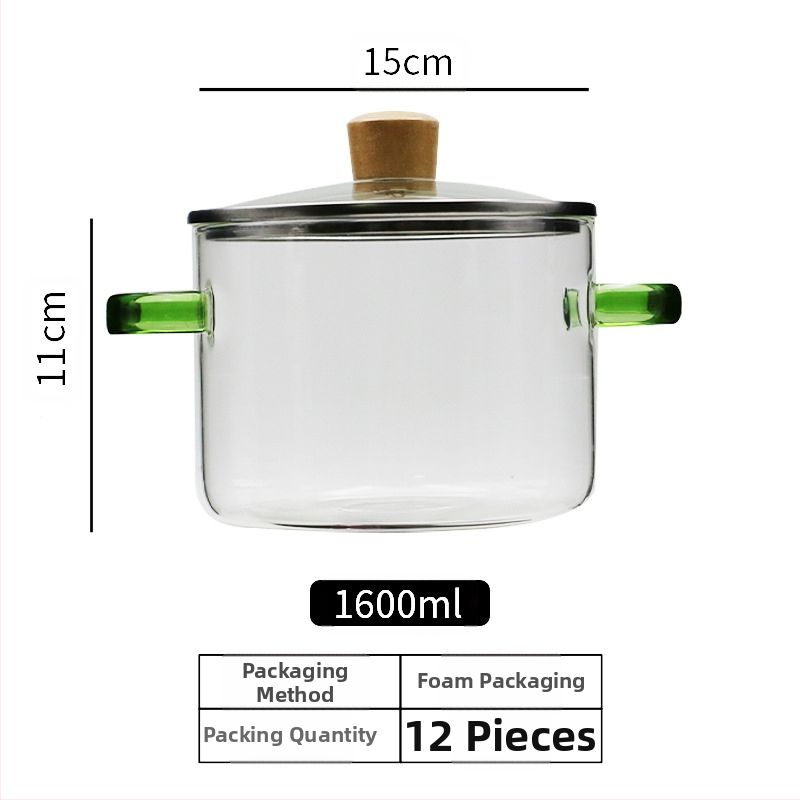 Nagy kapacitású konyhai kellékek leveses üvegfazék kicsi fogantyúval zöld fogantyú üvegfazék magas hőmérsékletnek ellenálló nyílt láng univerzális