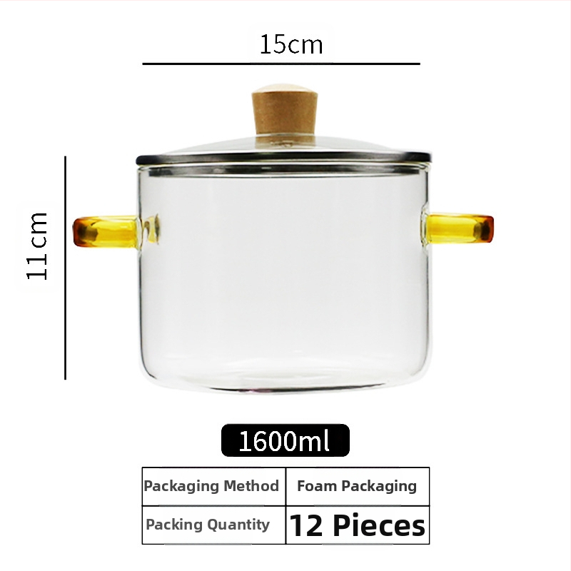 Nagy kapacitású konyhai kellékek leveses üvegfazék kicsi fogantyúval zöld fogantyú üvegfazék magas hőmérsékletnek ellenálló nyílt láng univerzális