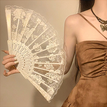 Evantai pliabil în stil chinezesc cu dantelă și trandafir, evantai pliabil pentru femei, vară, dans, special, antic, pliabil, stil național, rochie cu fața de cal, 2024, nou