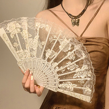 Evantai pliabil în stil chinezesc cu dantelă și trandafir, evantai pliabil pentru femei, vară, dans, special, antic, pliabil, stil național, rochie cu fața de cal, 2024, nou