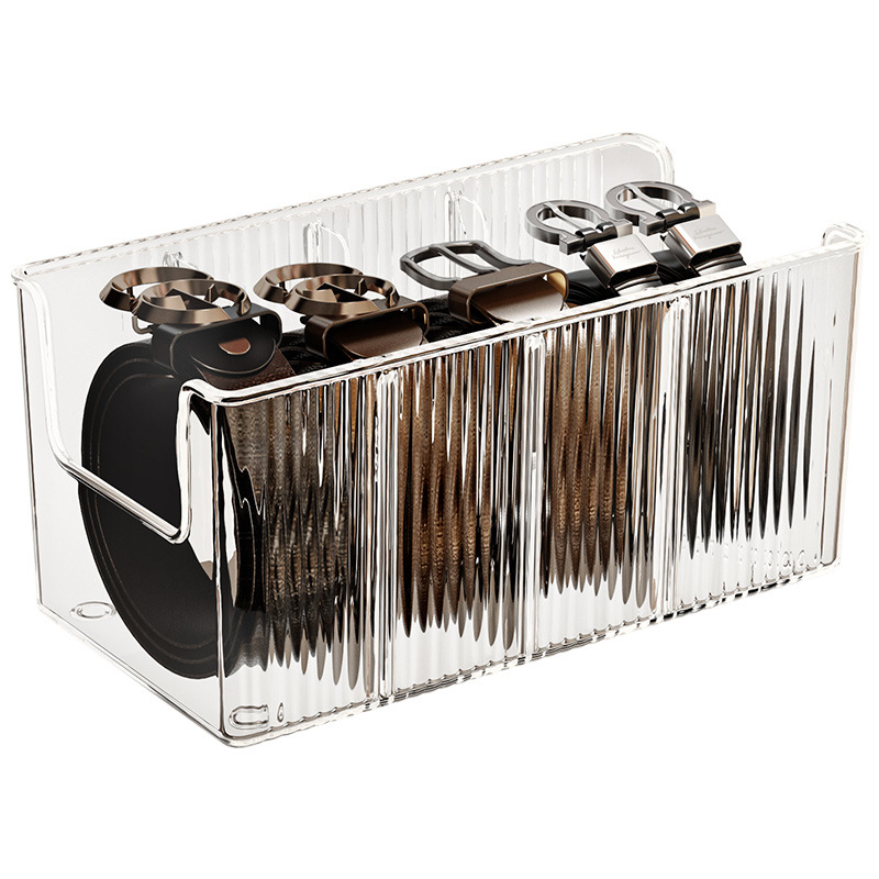 Vöö hoiukarbi artefakti majapidamise jagatud lipsude paigutuse vitriinlauale läbipaistev meeste vöö hoiukarp