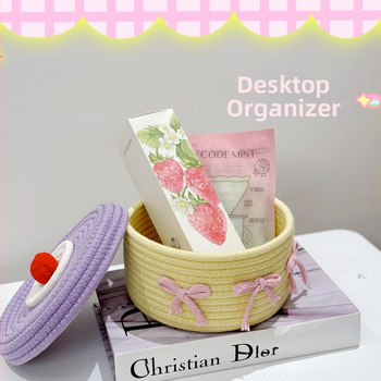 Κουτί αποθήκευσης γραφείου Ins Χειροποίητο καλάθι αποθήκευσης από βαμβακερό σχοινί με καπάκι για διάφορα είδη Καλάθι αποθήκευσης σπιτιού Υπνοδωμάτιο Παιδικό καλάθι