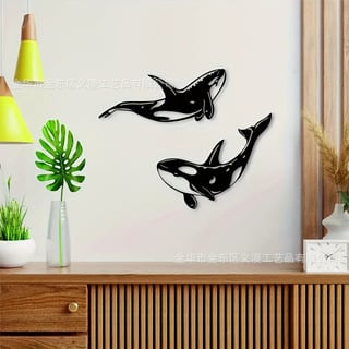 Tablou transfrontalier cu 2 piese din metal negru cu balene ucigașe, decor multifuncțional pentru living, dormitor și baie