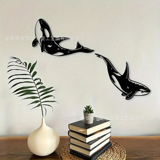 Kaheosaline mustast metallist mõõkvaala seinakunst, mitmeotstarbeline dekoratsioon elutuppa, magamistuppa ja vannituppa